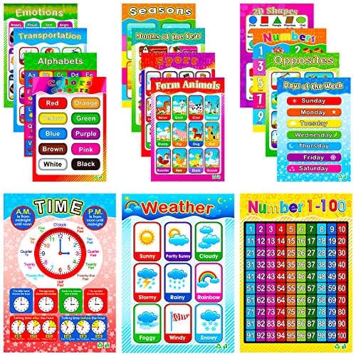 Book Cover Educational Posters for Toddler and Preschool Kids Classroom Learning Alphabet Poster Alphabet Numbers Shapes Colors Laminated Poster Chart Set 15 Pack