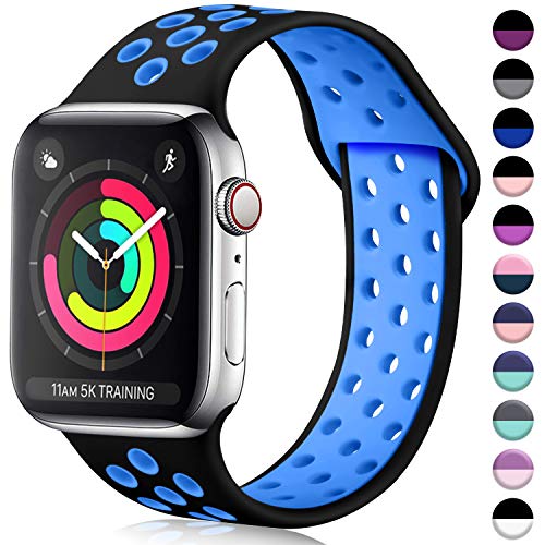 Book Cover ilopee Compatible with Apple Watch Band 42mm 44mm, Premium Silicone Bracelet for iWatch Series 5 4 3 2 1, Black/Blue, M/L