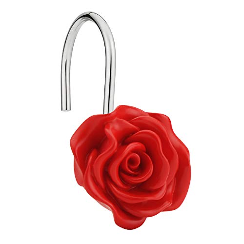Book Cover Amazer Shower Curtain Hooks Rings,Metal Decorative Resin Hooks Shower Curtain Rings for Bathroom Shower Rods Curtain and Liner, Red Rose, 12 PCS