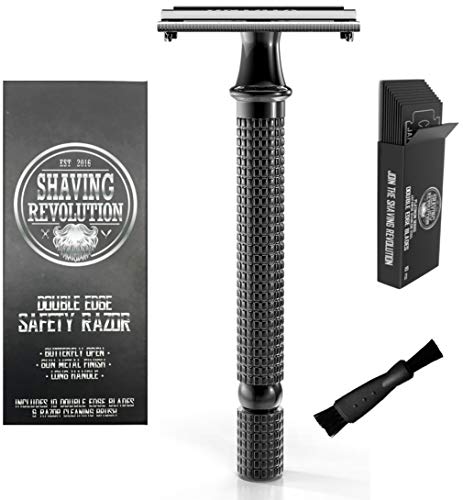 Book Cover Long Handle Double Edge Safety Razor - Butterfly Open Razor with 10 Japanese Stainless Steel Double Edge Safety Razor Blades - Close, Clean Shaving Razor for Men.
