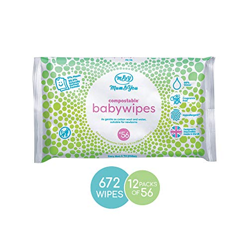Mum&You Biodegradable and Compostable Baby Wet Wipes, 672 Count (12 Packs of 56) - 98% Water, 0% Plastic, Hypoallergenic & Dermatologically Tested