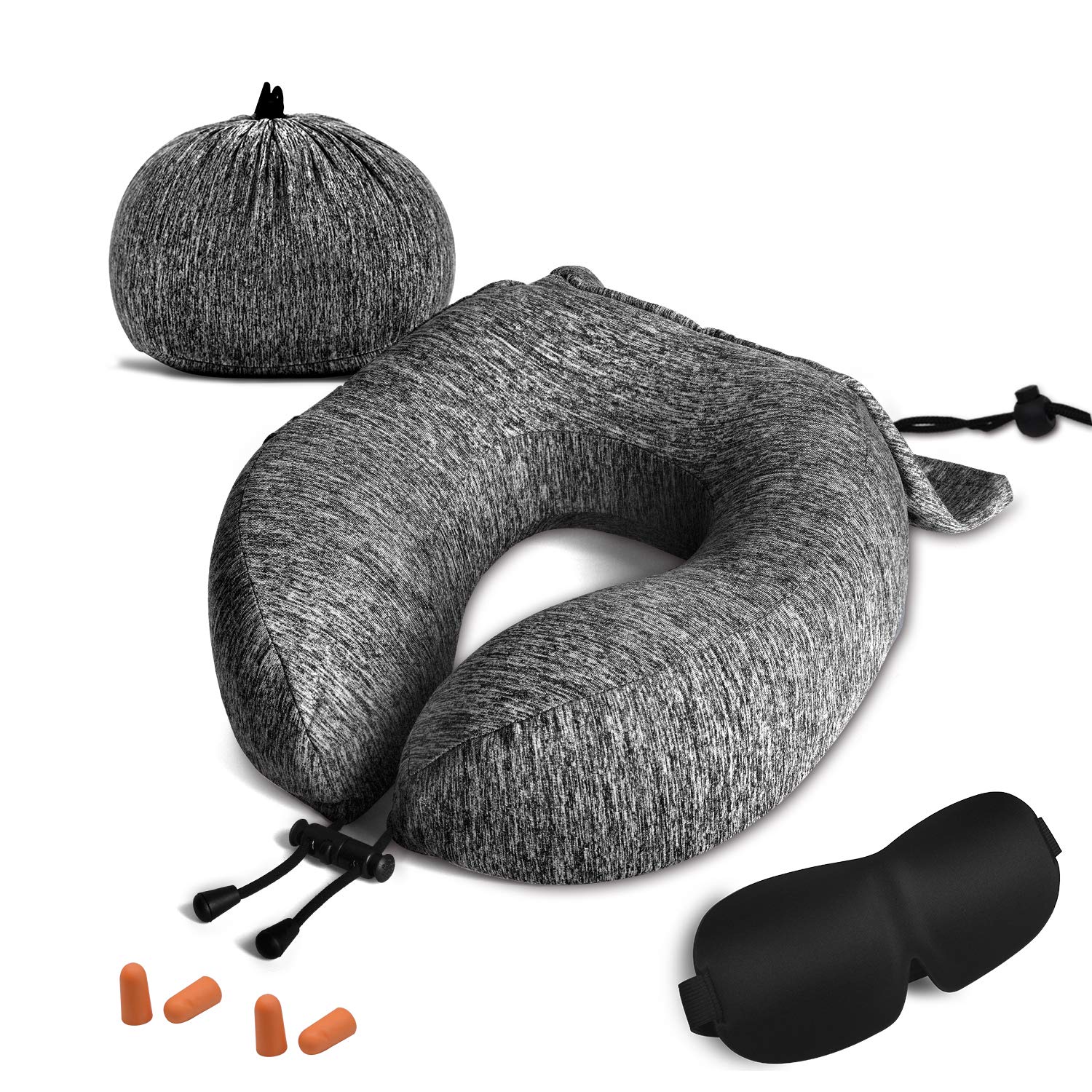 ZAMAT Travel Pillow, Comfortable Memory Foam Neck Pillow, Adjustable Camping Car Train Flight Airplane Pillow, Full Chin Head Support, Breathable Case Cover, Travel Kit with Sleep Mask, 2 Earplugs Gray Black