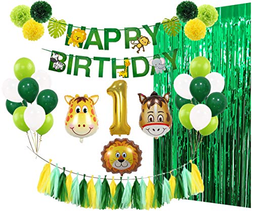 1st Birthday Party Decorations Kit, Wild One Party Supplies with Banner Animal Number 1 Balloons Green Foil Fringe Curtain Tissue Pom Poms Tassel Garland for Boy Girl