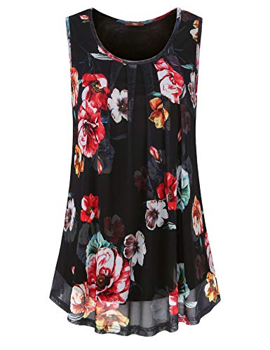 Women's Pleated Front Tunic Tank Sleeveless Printed Layered Blouse Top -  Black -  Medium