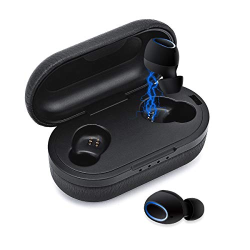 Book Cover Bluetooth 5.0 Wireless Headphones, IPX6 Waterproof Wireless Sports Earbuds, Noise Cancelling Deep Bass Earphones, TWS Mini Headset with Built-in Mic 8H Playing Time + Leather Portable Charging Case