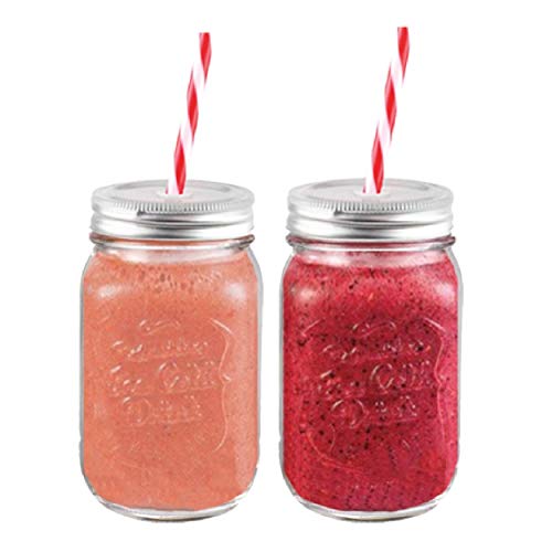 Mason Glass Jars with Plastic Straw - (Set of 2) 16 ounce each, Fashion Drinking Glasses, Wide Mouth Mason Jars Mugs