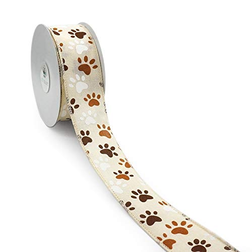 CT CRAFT LLC Canvas Wired Ribbon for Gift Wrapping, Home Decor, Decoration DIYs and Crafts, 1.5 Inch x 10 Yards x 1 Roll, Ivory with Dog Paw Print