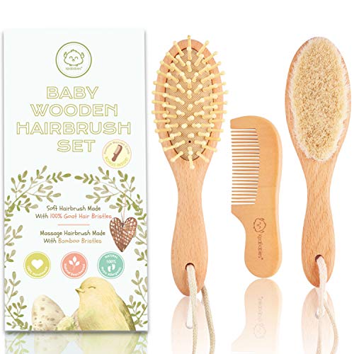 Book Cover Baby Hair Brush and Comb Set for Newborn - Natural Wooden Hairbrush with Soft Goat Bristles for Cradle Cap - Perfect Scalp Grooming Product for Infant, Toddler, Kids - Baby Registry Gift