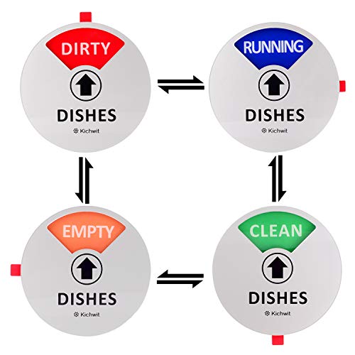 Book Cover Kichwit Dishwasher Magnet Clean Dirty Sign Indicator with Running and Empty Options, Works on All Dishwashers, Non-Scratch Strong Magnetic Backing, Residue Free Adhesive Included, 4 Inch, Silver