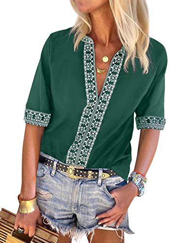 Chase Secret Womens Casual V Neck Shirt Boho Embroidered Print Short/Long Sleeve Tops Loose Blouse (S-XXL)