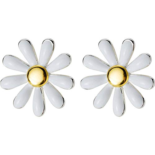 Flower Earring Stud, Mariafashion Sterling Silver Two-Tone White Daisy Flower Earrings Hypoallergenic Post Earrings for Women Girls Kids