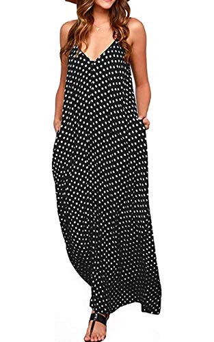 OURS Women's Casual Sleeveless V Neck Polka Dots Spaghetti Strap Summer Long Maxi Dresses with Pockets