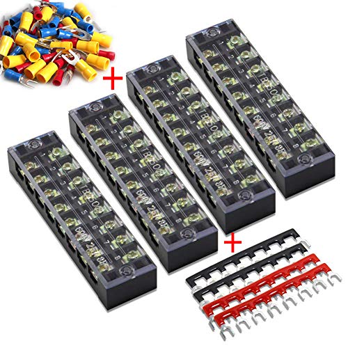MILAPEAK Terminal Block and Strip - 4pcs 8 Positions 600V 25A Dual Row Screw Terminals Strip with Cover + 4pcs Pre-Insulated Barrier Jumper Strips Black & Red + Insulated Fork Wire Connectors