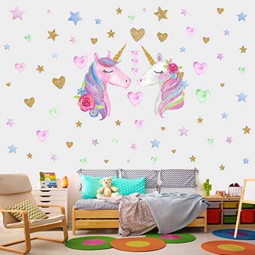 Book Cover SONG'S IDEA Large Size Unicorn Wall Decal,2Packsï¼ŒUnicorn Wall Sticker Decor with Hearts and Stars for Girls Rooms Baby Nursery