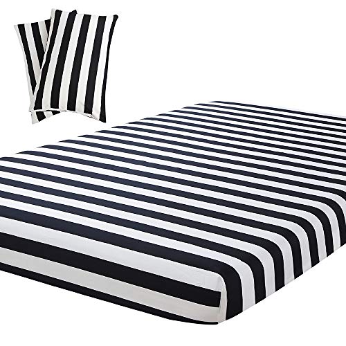 Book Cover Vaulia Lightweight Microfiber Sheets, Stripes Printed Pattern, Black/White King Size, 3-Piece Set ( 1 Fitted Sheet, 2 Pillowcases )