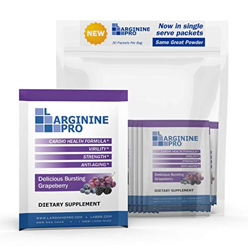 L-ARGININE PRO Supplement ON-The-GO Single Serve Travel Packets - 5,500mg of L-arginine Plus 1,100mg L-Citrulline (1 Bag (30 Packets), Grapeberry)