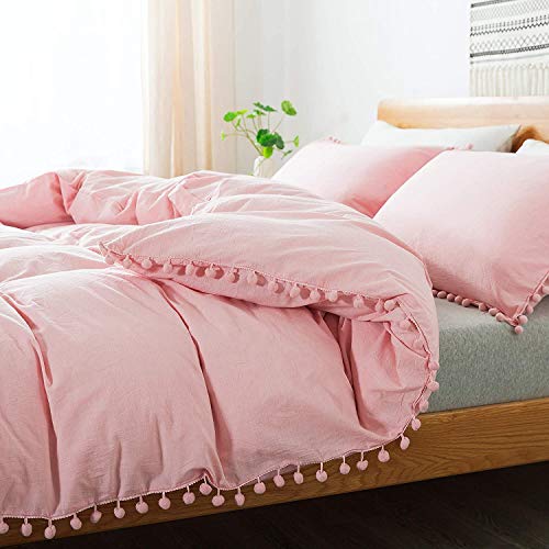 Book Cover Softta Girls Bedding Pink Duvet Cover Full 3 Pcs Ruffle Pom-Fringe Pompoms Bohemian Bedding 100% Washed Cotton Boho Baby Teen Girls Bed Cover