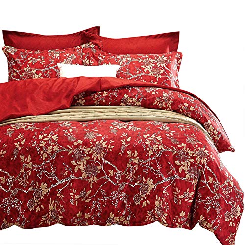Book Cover Wake In Cloud - Red Floral Comforter Set, Vintage Flowers Pattern Printed, Soft Microfiber Bedding (3pcs, California King Size)