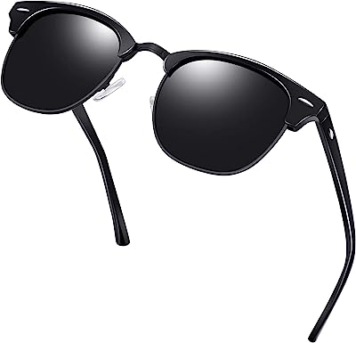 KANASTAL Semi Rimless Sunglasses Polarized for Women Men Half Frame Sun glasses Shiny Black 100% UV Blocking Classic Retro(full black)