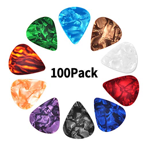 Book Cover Haneye 100 Pcs Guitar Picks Variety,Colroful Premium Celluloid Picks for Acoustic Electric Guitars Bass or Ukulele,with Different Sizes Contain Thin,Medium & Thick Gauges