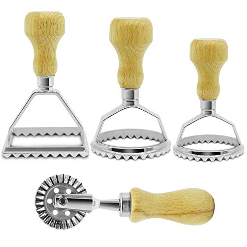 Ravioli Maker Cutter Stamp Set â€“ Leading Dough Cutter and Press Stamps with Wooden Handle â€“for Ravioli, Pasta, Dumplings Lasagna, Pierogi â€“ Upgraded 2019 3Pcs Stamps, 1 Pasta/Pastry Cutter Wheel
