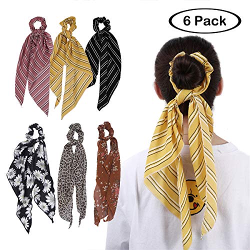 Scarf Scrunchies Women Hair Ties - Hair Scarves Scrunchys Bow Leopard Ribbon Scrunchy with Tails For Thick Hair No Crease Accessories Soft Ropes Ponytail Holder with Designs Long Ponytail