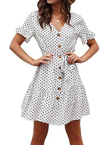 SAIKESIGIRL Womens Polka Dot Button Down Dress Boho Short Sleeve Ruffle Mini Dresses with Belt