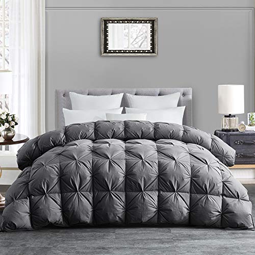 Book Cover HOMBYS King Size Goose Down Comforter, 106 x 90 Inches Grey Pinch Pleat King Duvet Insert with 100% Cotton Downproof Cover, Thick Fluffy Down Feather Comforter for All Season, Baffle Box Design