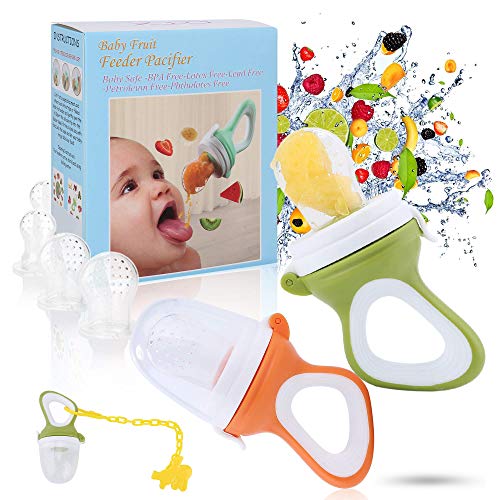 Baby Fruit Feeder Pacifier - Baby Food Feeder Fresh Food Feeder Infant Fruit Teething Toy, 2 Pack with 6 Silicone Sac and 1 Pacifier Clip (Army Green & Orange)