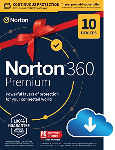 Book Cover Norton 360 Premium (2022 Ready) Antivirus software for 10 Devices with Auto Renewal - Includes VPN, PC Cloud Backup & Dark Web Monitoring [Download]