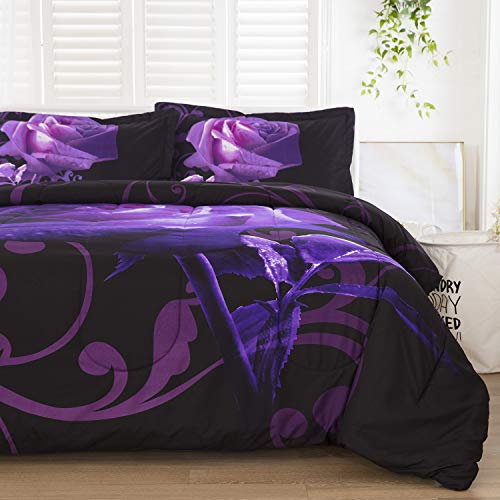 Book Cover Purple Comforter Set Queen Reversible Purple Rose Pattern Printed Bedding Down Comforter with 2 Pillowcases for All Seasons, Soft Microfiber Filling Bedding Duvet Set 90