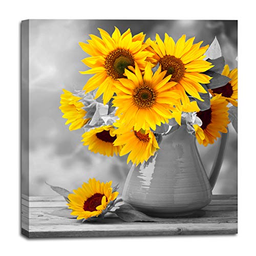 Book Cover Canvas Artwork Modern Sunflower Wall Decor for Bedroom Bathroom Kithen Wall Decor Black and White Yellow Canvas Art Wall Decoration for Office 1 Piece Canvas Wall Art Set Sunflower Art Picture Framed