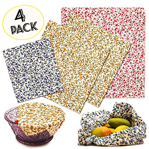 Beeswax Food Wrap, 4 Pack Breathable Reusable Sandwich Wrap, Zero Waste Biodegradable Snack Storage Wrap Bowl Cover, Including 1 Large, 2 Medium, 1 Small Bees Wrap & 2 Packing Ropes (Floral Pattern)