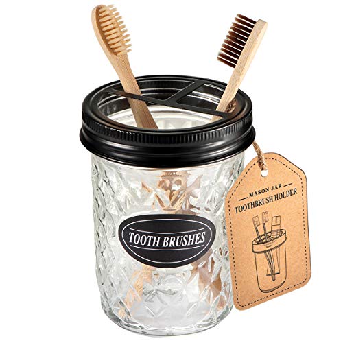 Book Cover Mason Jar Toothbrush Holder - Premium Rustproof 304 Stainless Steel Lid - Holds 2 Toothbrushes and Toothpaste - Rustic Farmhouse Decor Countertop and Vanity Storage Organizer/Black