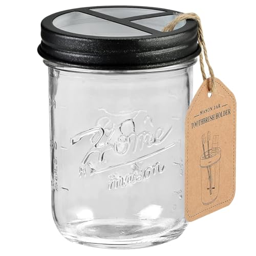 SheeChung Mason Jar Toothbrush Holders, Bathroom Accessories, Bathroom Essentials, Bathroom Organizers and Storage, Bathroom Countertop Organizer, Glass Toothbrush Holders for Bathroom-Black