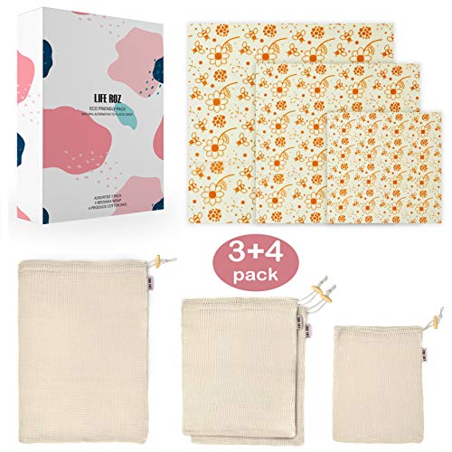 Beeswax Food Wrap and Reusable Produce Mesh Cotton Bags- Eco Friendly Free Plastic, Organic, Biodegradable, Sustainable Food Storage Wrappers, Zero Waste Alternative To Plastic Wraps By LifeRoz