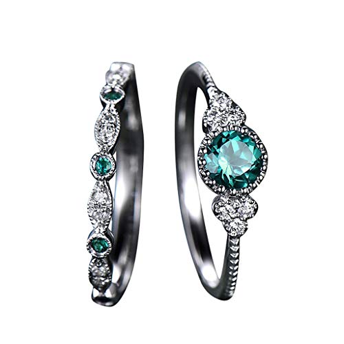 2pcs Sparkling Natural Gemstone Ring Set Women Emerald Sapphire Wedding Rings Valentine's Festival Gifts for Boyfriend Girlfriend (US Size)