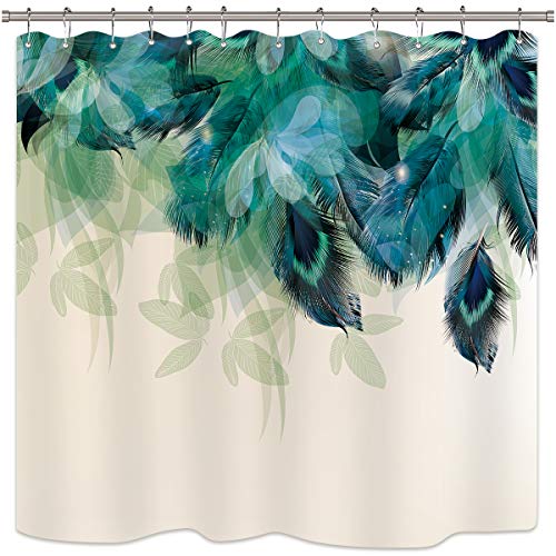 Book Cover Riyidecor Watercolor Peacock Feather Shower Curtain Teal Blue Turquoise Floral Green Leaf Bathroom Home Decor Set Panel Fabric Woman Waterproof Bathtub 72x72 Inch Included 12 Pack Plastic Shower Hook