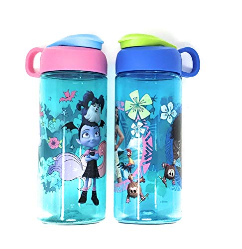Book Cover Zak Fun Youth Water Bottles, 16.5 Ounce Plastic Bottle with Carrying Loop Built Into Lid (Vampirina & Moana)