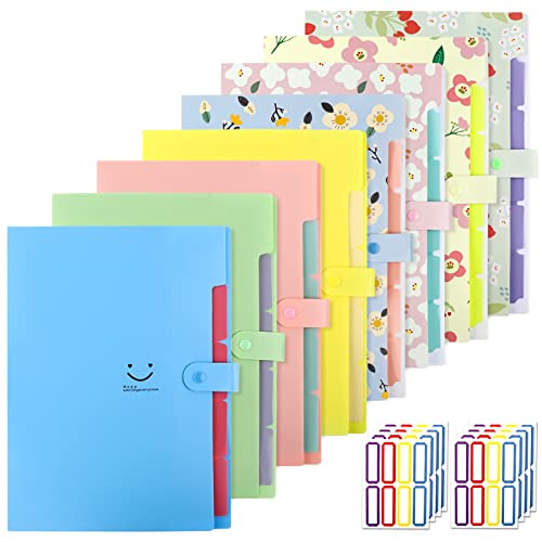 EOOUT 8pcs Expanding File Folder, A4 Cute Accordion Folders, Letter Size File Document Organizer with 5 Pockets, 64pcs Labels, for School and Office Supplies