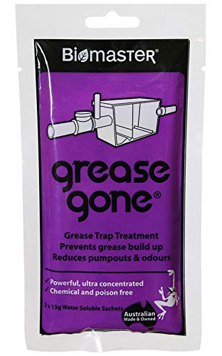 Biomaster Grease Gone Grease Trap Cleaner Treatment, Turns Fat, Oil and Grease to Water, Reduces Odors and Pump-Outs (2 Soluble Sachets)