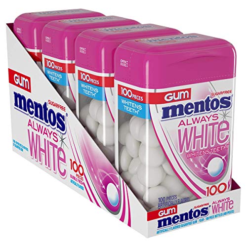Mentos Always White Sugar-Free Chewing Gum with Xylitol, Bubble Fresh, 100 Piece Bottle (Pack of 4)