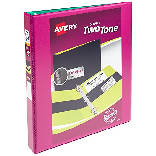 Avery Two-Tone Durable View 3 Ring Binder, 1 Inch Slant Rings, 1 Fuchsia/Green Binder (17196)