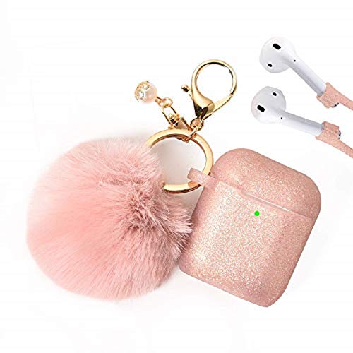 Book Cover Filoto Case for Airpods, Airpod Case Cover for Apple Airpods 2&1 Charging Case, Cute Air Pods Silicone Protective Accessories Cases/Keychain/Pompom/Strap, Best Gift for Girls and Women, Rose Gold
