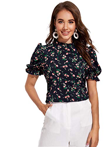 Book Cover Romwe Women's Floral Print Ruffle Puff Short Sleeve Casual Blouse Tops