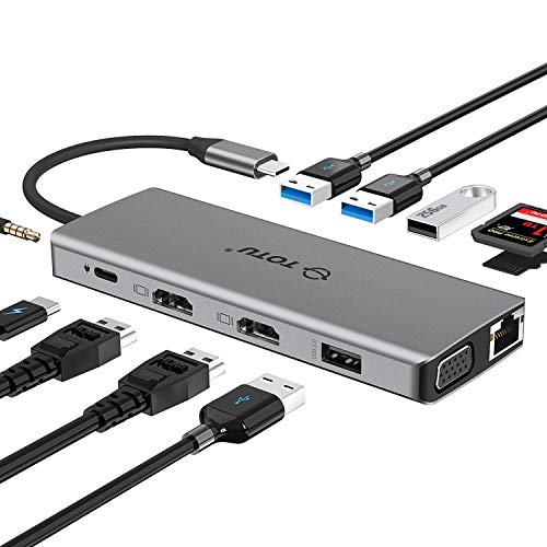 Book Cover USB C Hub, TOTU 13-in-1 Type C Hub with Ethernet, 4K USB C to 2 HDMI, VGA, 2 USB 3.0, 2 USB 2.0, 100W PD, SD/TF Cards Reader, Mic/Audio Docking Station for MacBook Pro Air XPS and Other USB-C Laptops