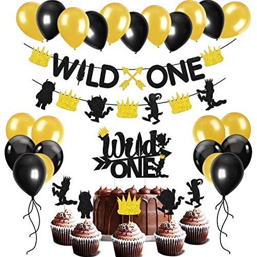 Book Cover Glitter Wild One Party Decoration Set Wild One Arrow Banner, Wild Things Feather Cake And Cupcake Toppers, Black And Gold Balloons Kids 1st Birthday Party Supplies Kits Baby Shower