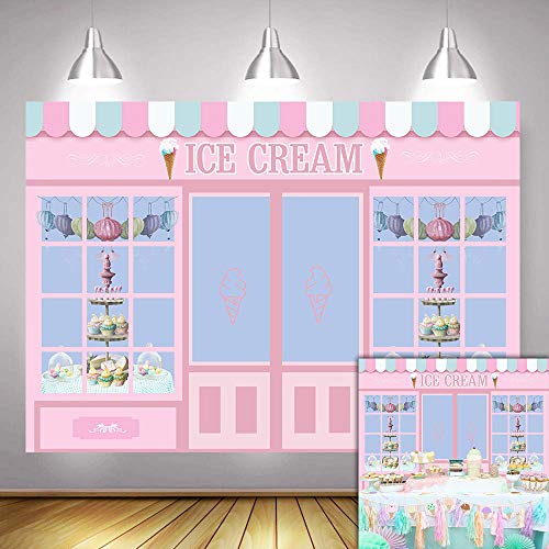 Book Cover Fanghui 7x5FT Ice Cream Party Backdrop Cute Pink Photo Studio Parlor Door Window Cake Princess Birthday Party Banner Wallpaper Photography Backdrops for Picture