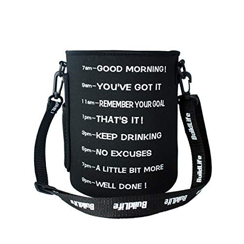 QuiFit Water Bottle Sleeve with Time Marker,Shoulder Strap,Multiple Ways of Use,Suitable for Gallon Water Bottle with Handle on The Side (Black)