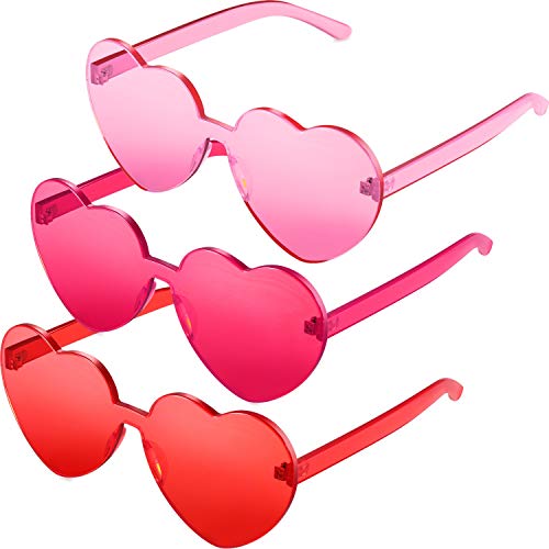 Maxdot 3 Pieces Heart Shape Sunglasses Rimless Heart Sunglasses Clear for Valentine St. Patrick's Day Summer Party Women Girl (Pink, Rose Red, Red)